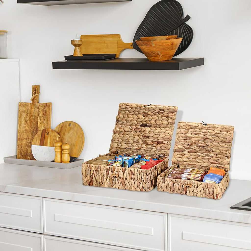 Natural Water Hyacinth Baskets by [Brand Name] - Set of 2 Handwoven Storage Bins with Lids for Home Organization