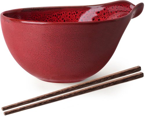 Artena Ramen Bowl Set - 42oz Ceramic Noodle Bowl with Chopsticks | Large Deep Soup & Salad Bowl in Red
