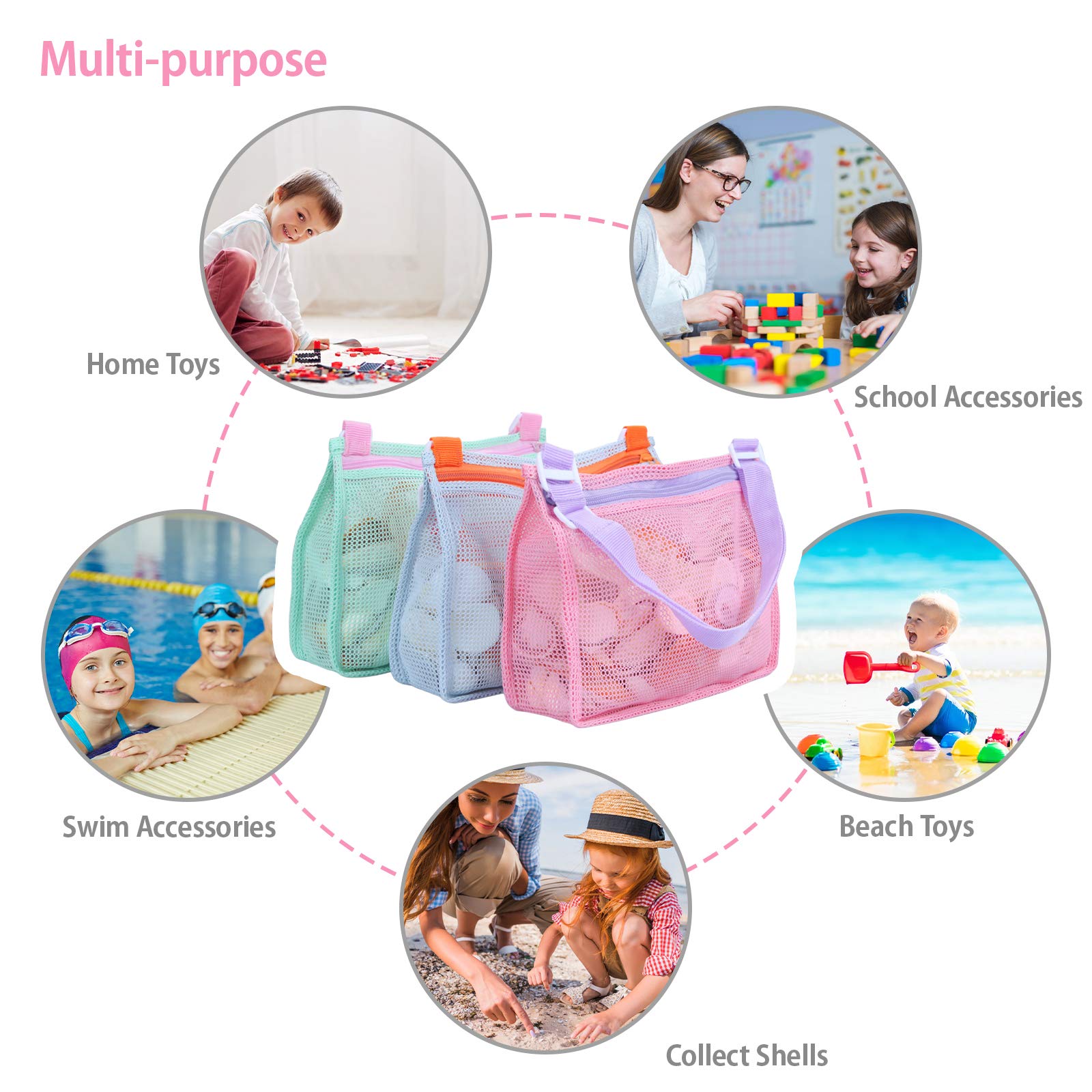 Tagitary Beach Toy Mesh Beach Bag Kids Shell Collecting Bag Beach Sand Toy Seashell Bags Swimming Accessories for Boys and Girls(Only Bags,A Set of 3)