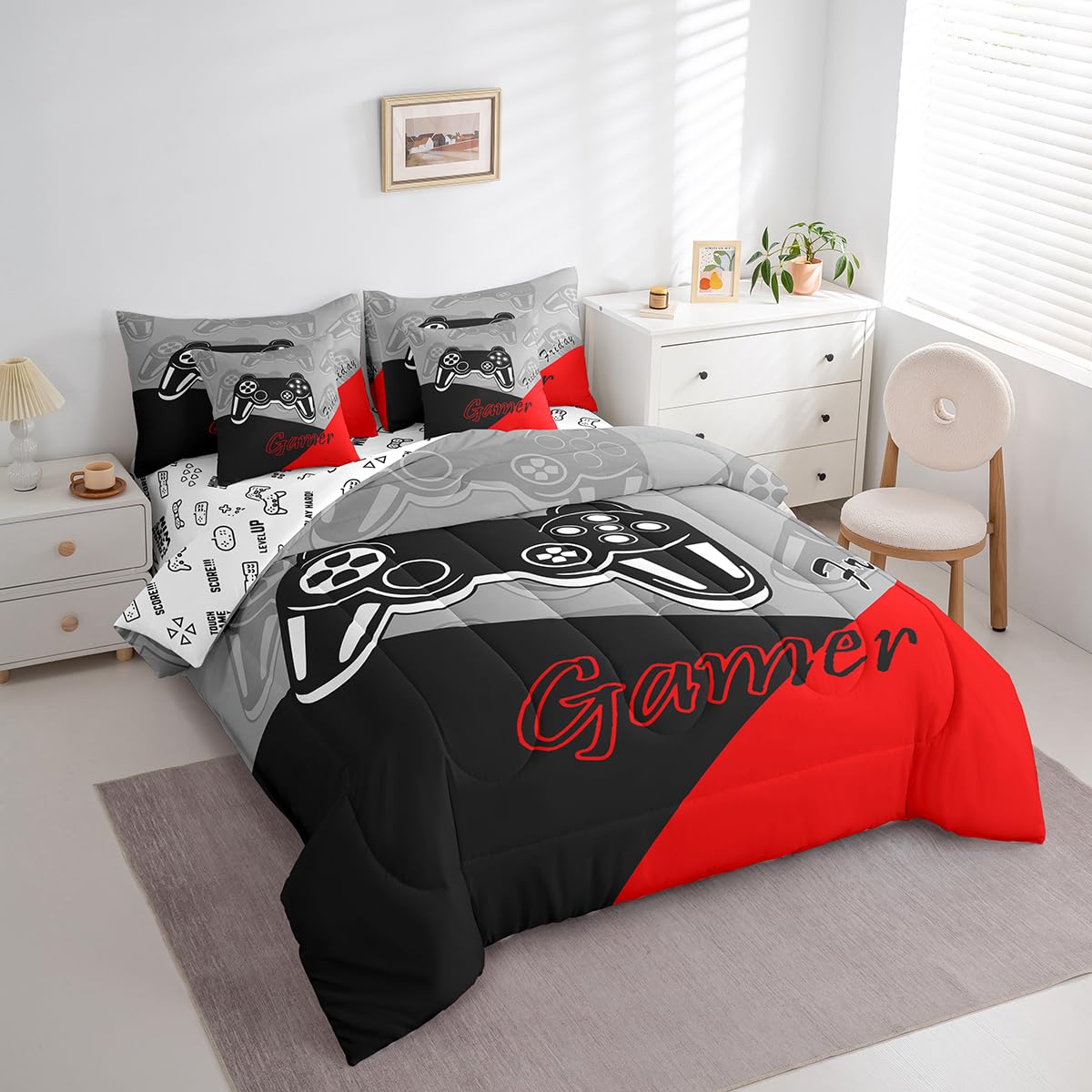 Feelyou Gamer Comforter Set with Sheets for Boys Teens Gaming 7 Piece Bedding Set Queen Size Video Game Contoller Home Bed in a Bag Decor for Kids Bed Set