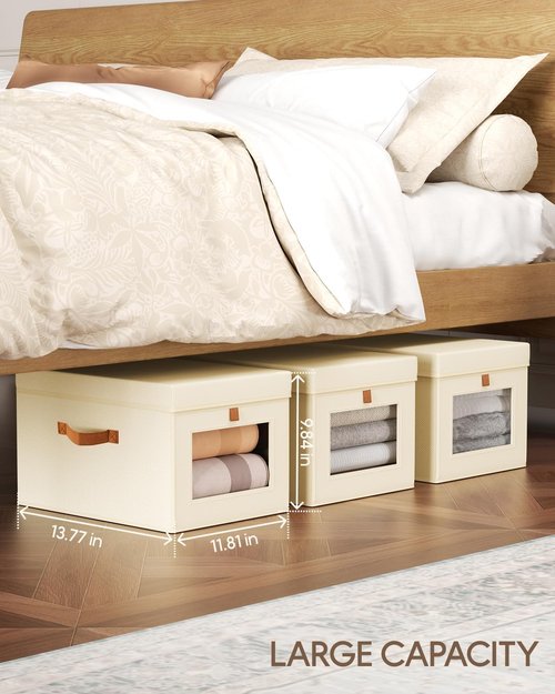 Homsorout Storage Bins with Lid - Foldable Fabric Organizer with Clear Window | 3 Pack, Beige