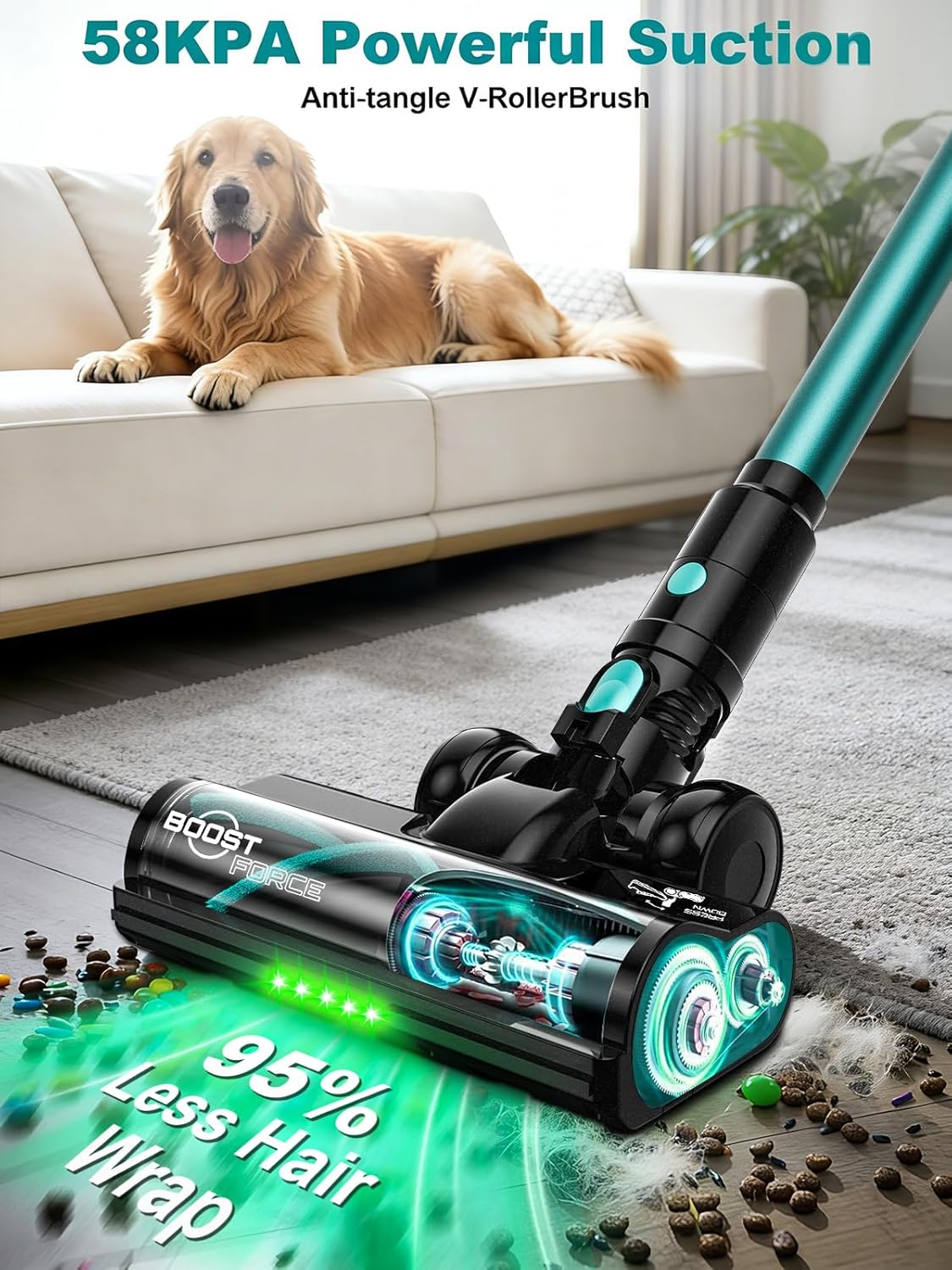Skiennix Cordless Vacuum Cleaner - 58Kpa 10-in-1 Design with 55 Minutes Runtime & LED Display | Anti-Tangle, Wall Mount Charging (Cyan)