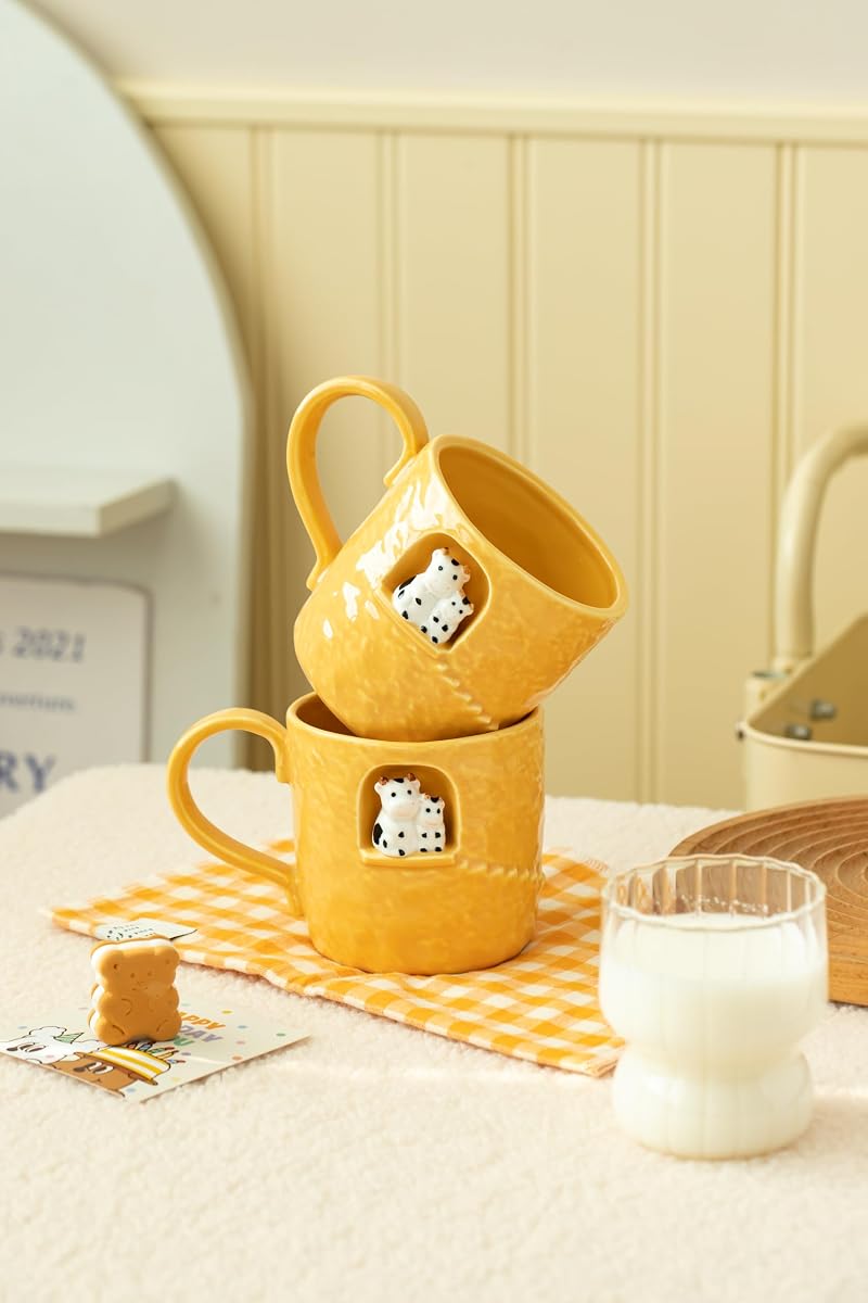 Dihoclub Yellow Parent-Child Cow Ceramic Coffee Mug — 14 oz Handcrafted Tea Cup with Window Sill Sculpture