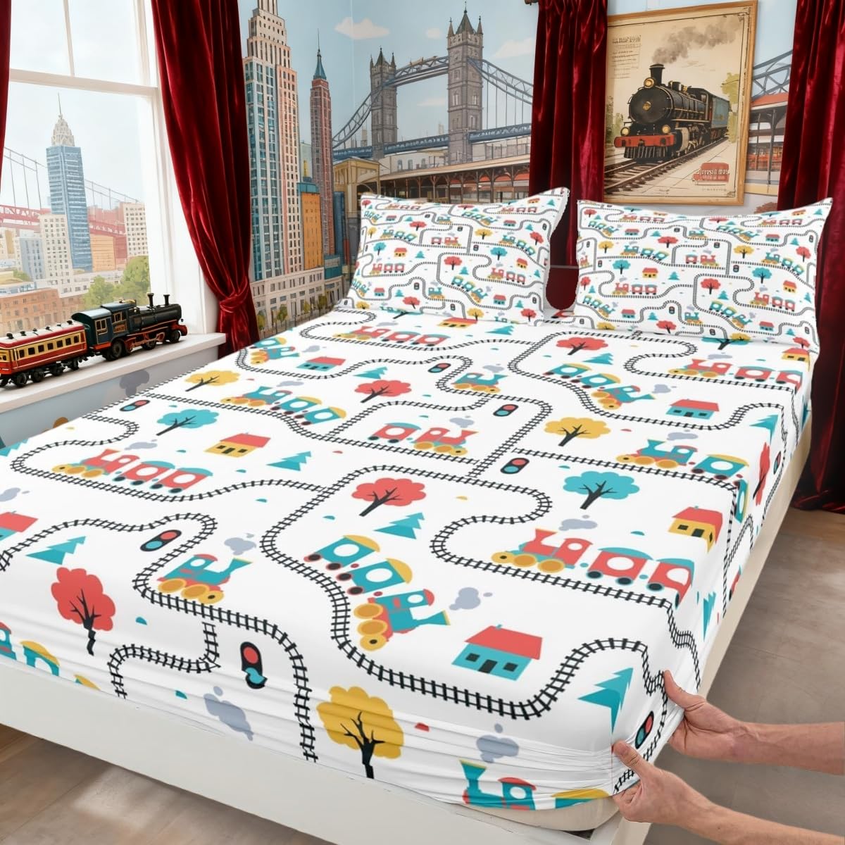 Manfei Cartoon Train Kids Fitted Sheet Twin Size,Cute Choochoo Vehicles Bedding Set,Boys Girls Adults Room Decor,Cartoon Trees City Road Transport Bed Cover,Colorful Chic Bed Sheet,1 Pillowcase