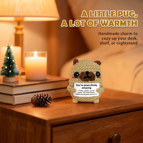 Krinisou Pug Gifts for Pug Lovers, Cute Positive Animals Crochet Dog Decor, Encouragement Inspirational Appreciation Thank You Gift for Friends, Coworkers, Women, Men