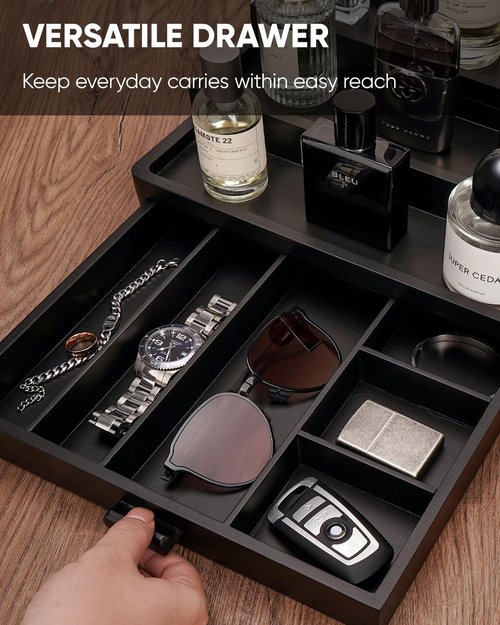 BRITEREE Cologne Organizer for Men, 3 Tier Wooden Cologne Stand with Drawer Storage and Hidden Compartment, Perfume Display Holder for Dresser, Great Gifts for Men and Women Valentine, Black