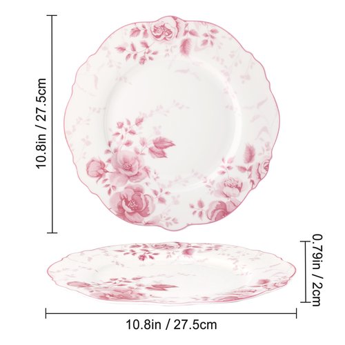 fanquare Pink Floral Dinner Plate Sets of 4, 10.5 Inch Large Round Porcelain Pasta Appetizer Steak Serving Dishes for Microwave & Dishwasher Safe