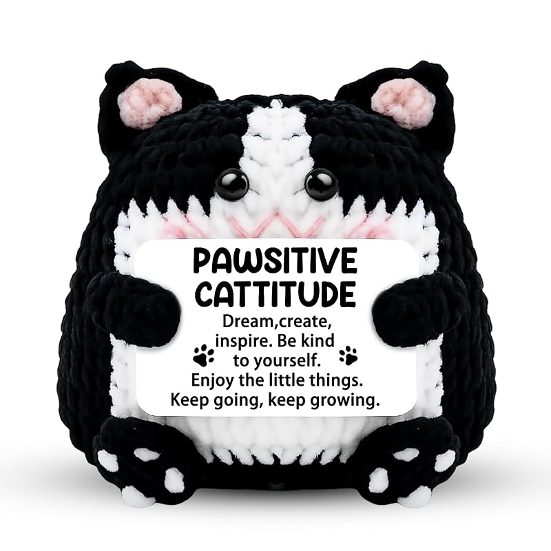 Pawsitive Cattitude Crochet Cat – Positive Energy Emotional Support Figurine Gift