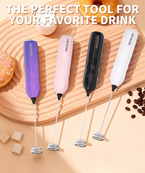 MEIRUBY 2-Pack Milk Frother Handheld with Stand, Valentines Day Gifts for Him and Her, Powerful Electric Coffee Frother, Coffee Lover Gift for Lattes, Cappuccino, Matcha & Hot Chocolate, Black/White