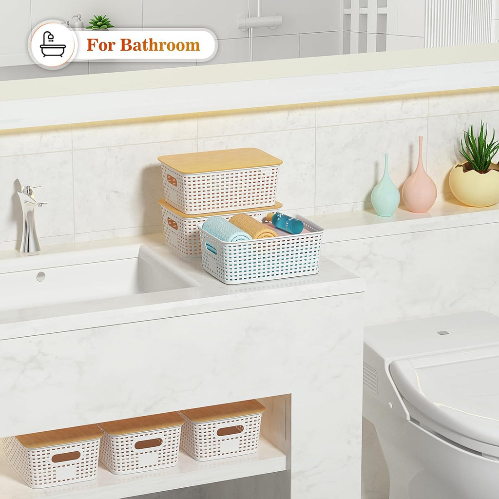 Ohmlove Plastic Storage Baskets - Stackable Containers with Bamboo Lid for Organizing | 6-Pack Set