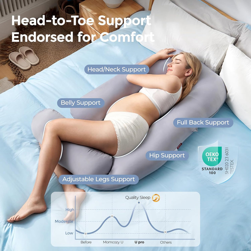 Momcozy Pregnancy Pillow - Cooling Cover & Adjustable Leg Support for Back, Hips, Belly | 50-72 Inch, Grey