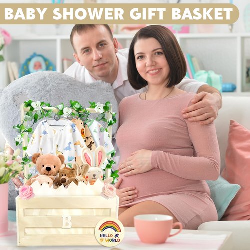 Amgkonp Wooden Baby Shower Crate Closet with Hanger Rack,Baby Baskets,Baby Shower Baskets with Handles & Garland for Newborn Boys Girls,Pregnancy Gifts for New Parents