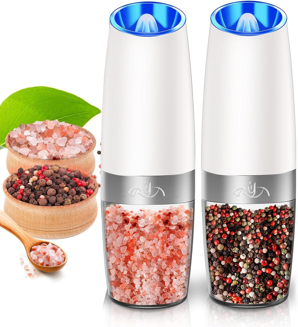Rongyuxuan Electric Pepper Grinder Mill Set - Battery Powered, Stainless Steel, One-Hand Use, Adjustable Coarseness, Snow White