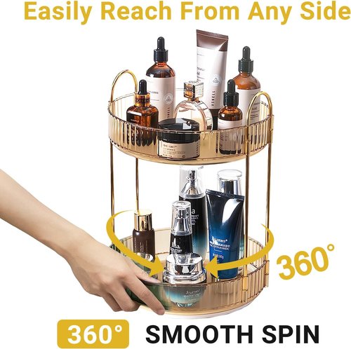 Asayuee 360 Rotating Gold Makeup Organizer - Large Capacity Skincare & Perfume Storage (2 Tier)