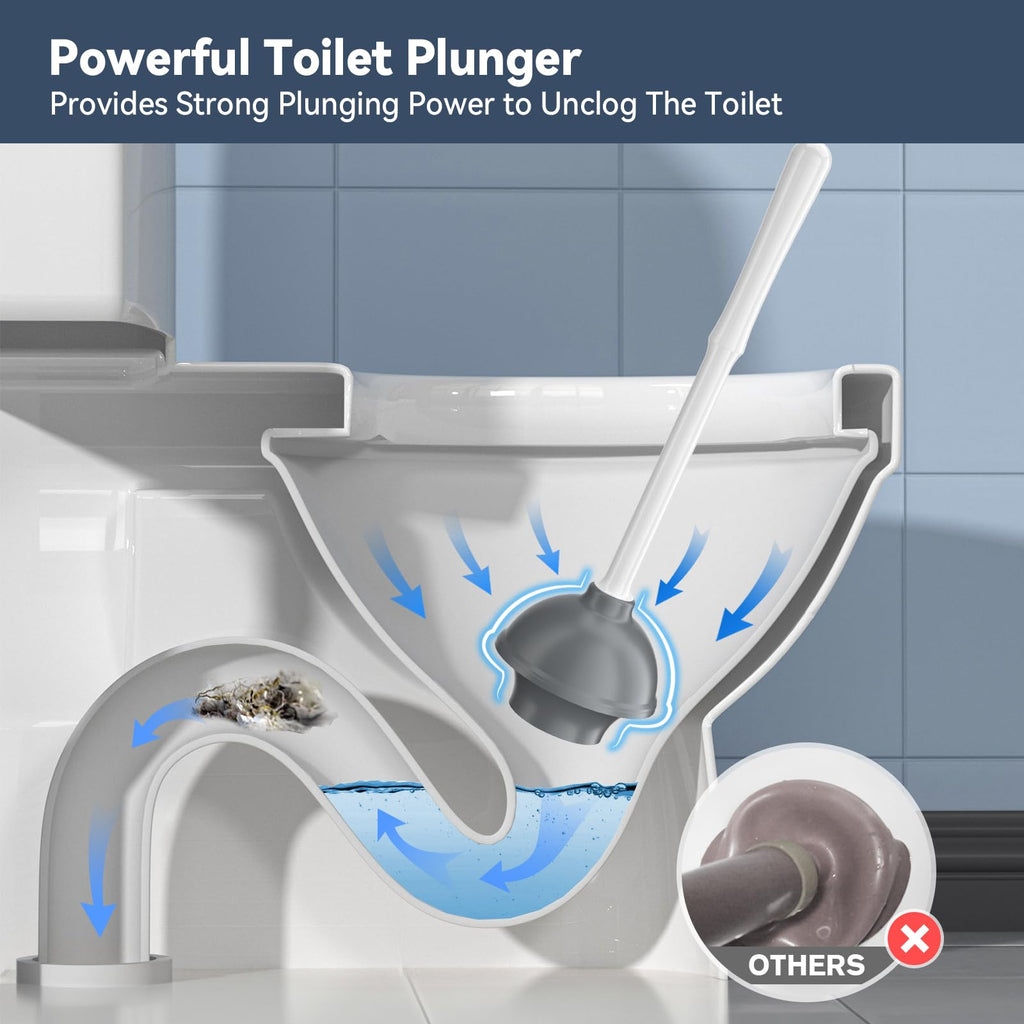Unique Toilet Plunger and Brush, Silicone Brush and Heavy Duty Toilet Plunger Set with Ventilated Holder, 2-in-1 Toilet Brush and Plunger Combo for Bathroom Cleaning-New Pack (White)