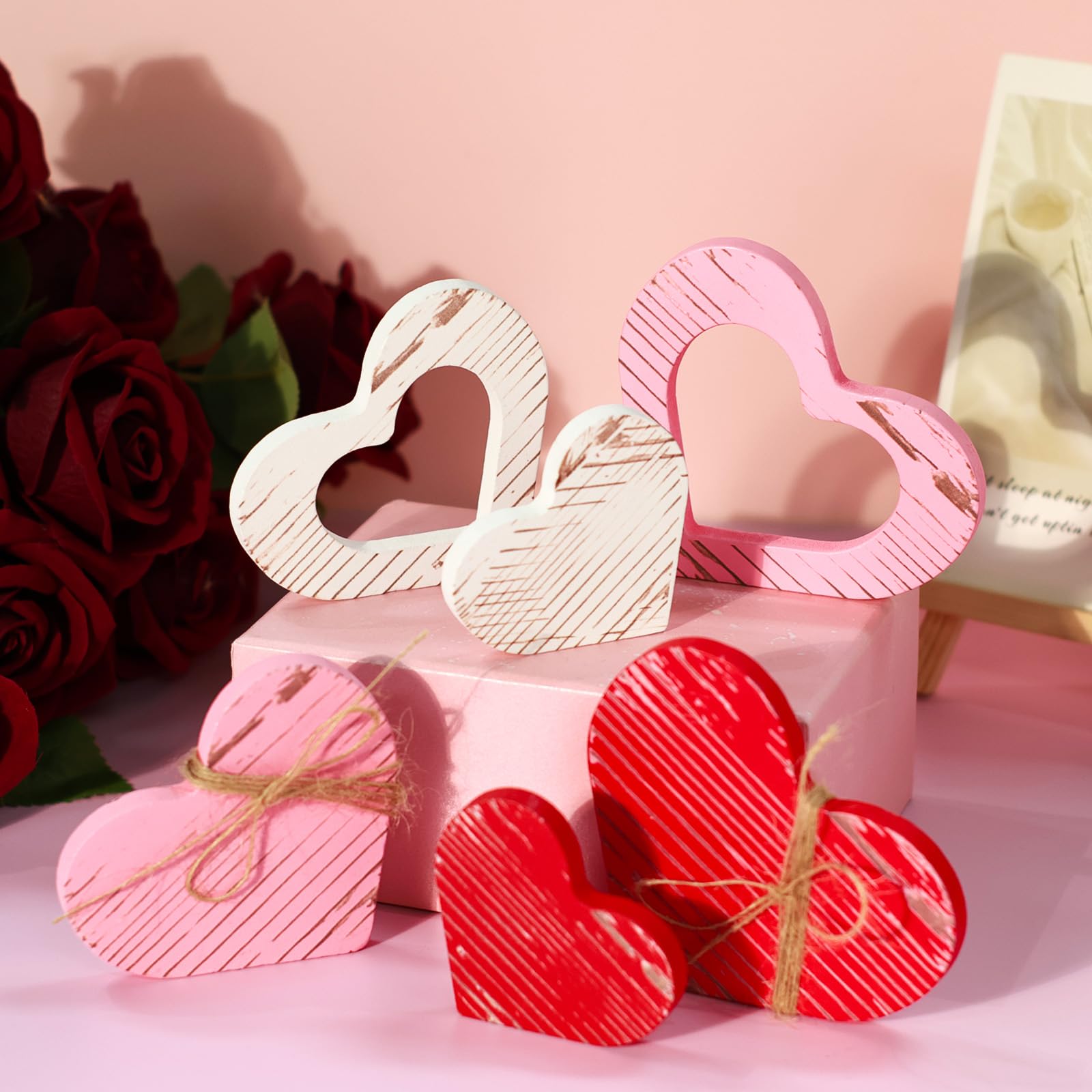 6pcs Wooden Hearts-Valentines Day Decor-Valentines Day Tiered Tray Decor Cute Wood Heart Signs for Home, Table, Tiered Tray Decoration