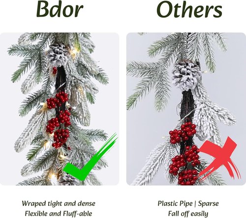 Bdor 6FT Pre-Lit Christmas Garland - Snow Flocked Pine with Red Berries & Pinecones | Battery Operated Holiday Decor for Mantel & Staircase