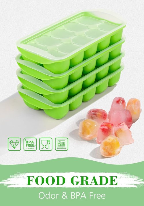 DOQAUS Ice Cube Tray - Stackable Silicone Ice Trays with Lid & Bin | 4 Pack, BPA Free for Easy Use