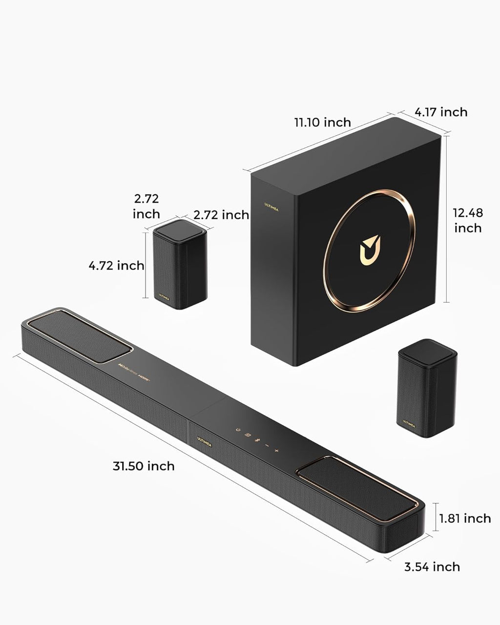 ULTIMEA 5.1.2ch Sound Bar - Dolby Atmos Surround Sound System for TV | Includes 2 Surround Speakers, HDMI eARC