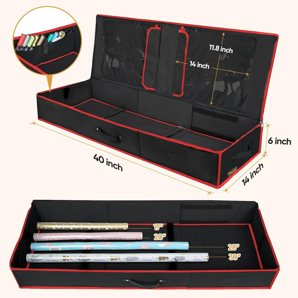 BALEINE Gift Wrap Storage Organizer - 40" Durable 600D Oxford Fabric Bag with Flexible Partitions | Black/Red
