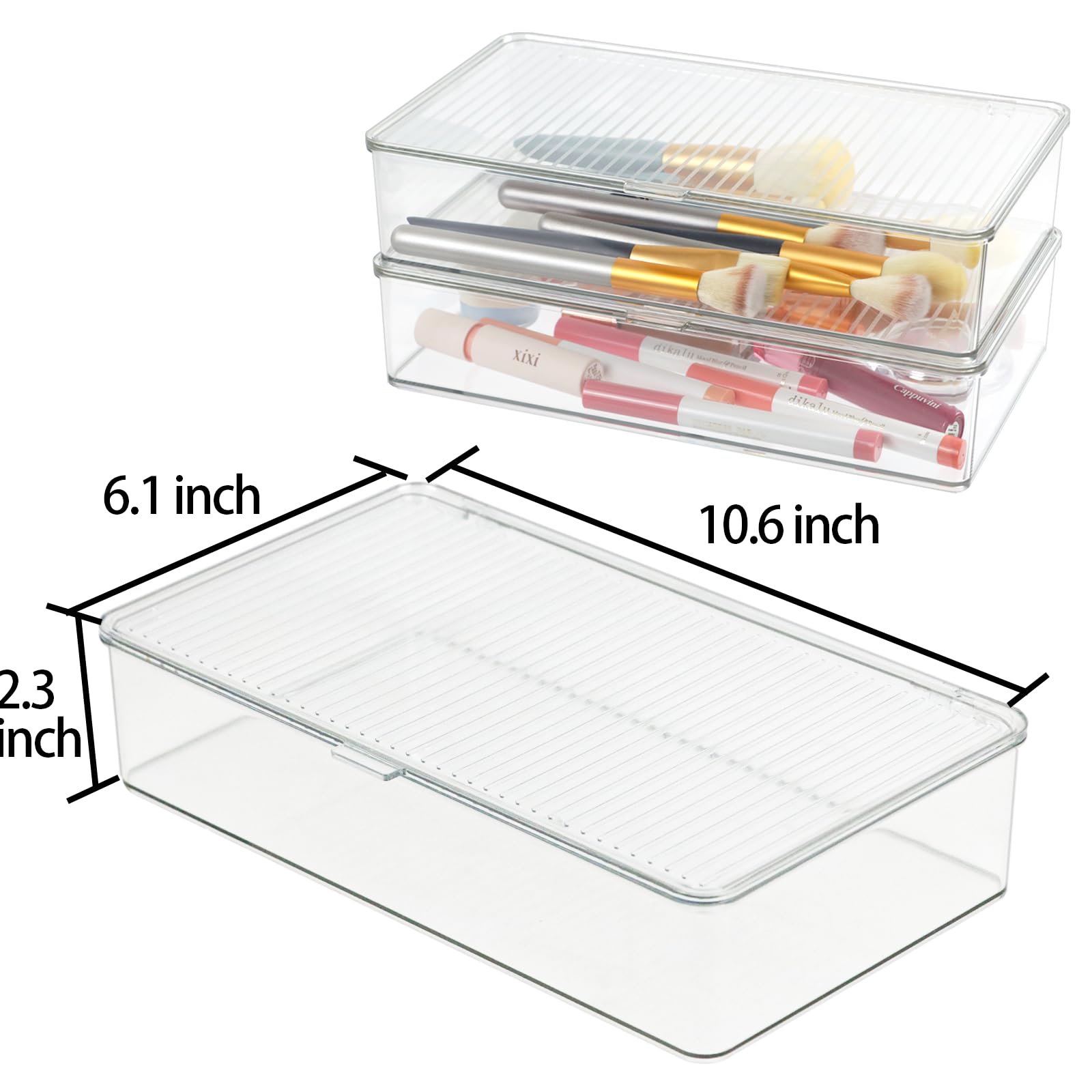 ZEXALOR Pack of 2 Clear Storage Bins with Lids, Small Storage Containers Boxes with Lids, Dresser Organizer, Tea Bag Organizer, Freezer Bin, Plastic Drawer Organizers (10.6×6.1×2.3“)