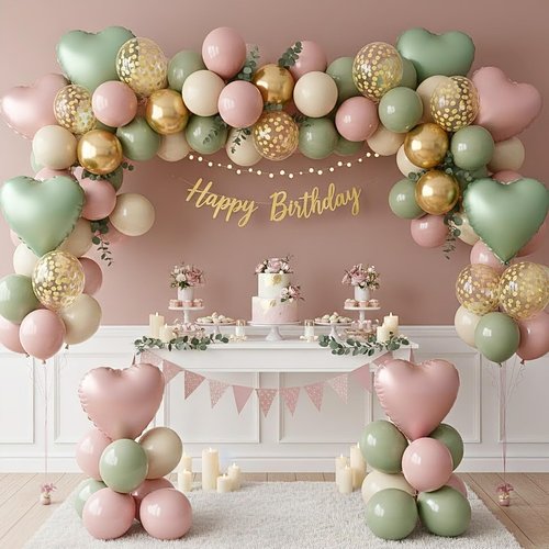 Pink and Green Balloons, 12 Inch Retro Sage Green Pink Nude Metallic Gold Confetti Balloons with Heart Foil Balloon for Girls Jungle Woodland Birthday Safari Baby Shower Party Decorations
