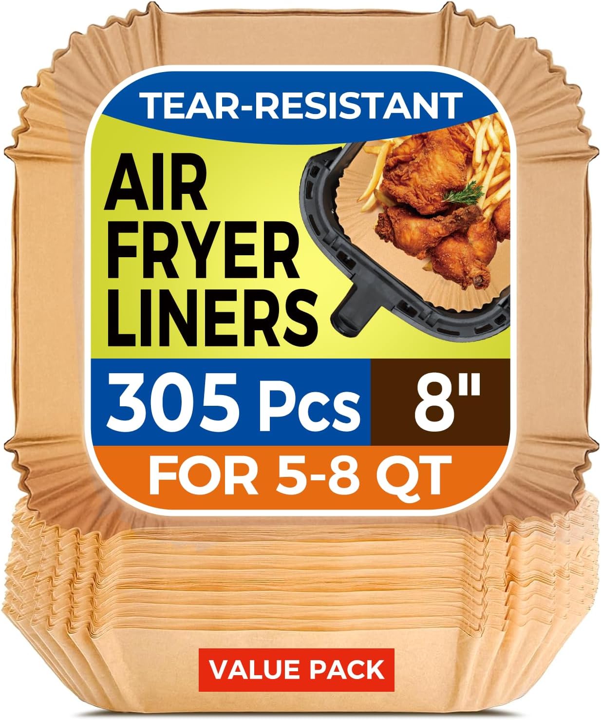 Vailnd Air Fryer Liners - 305 PCS Unbleached Disposable Parchment Paper | 8" Square for 5-8 QT Baskets