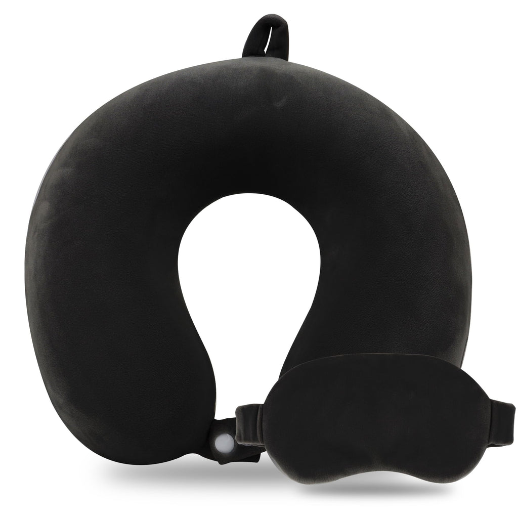 Sexysamba Pure Memory Foam Travel Pillow Set for Adults - Comfortable & Removable Machine Washable Cover, Neck Support Pillow Airplane Travel Kit with Eye Mask for Portable Plane Accessories - Black