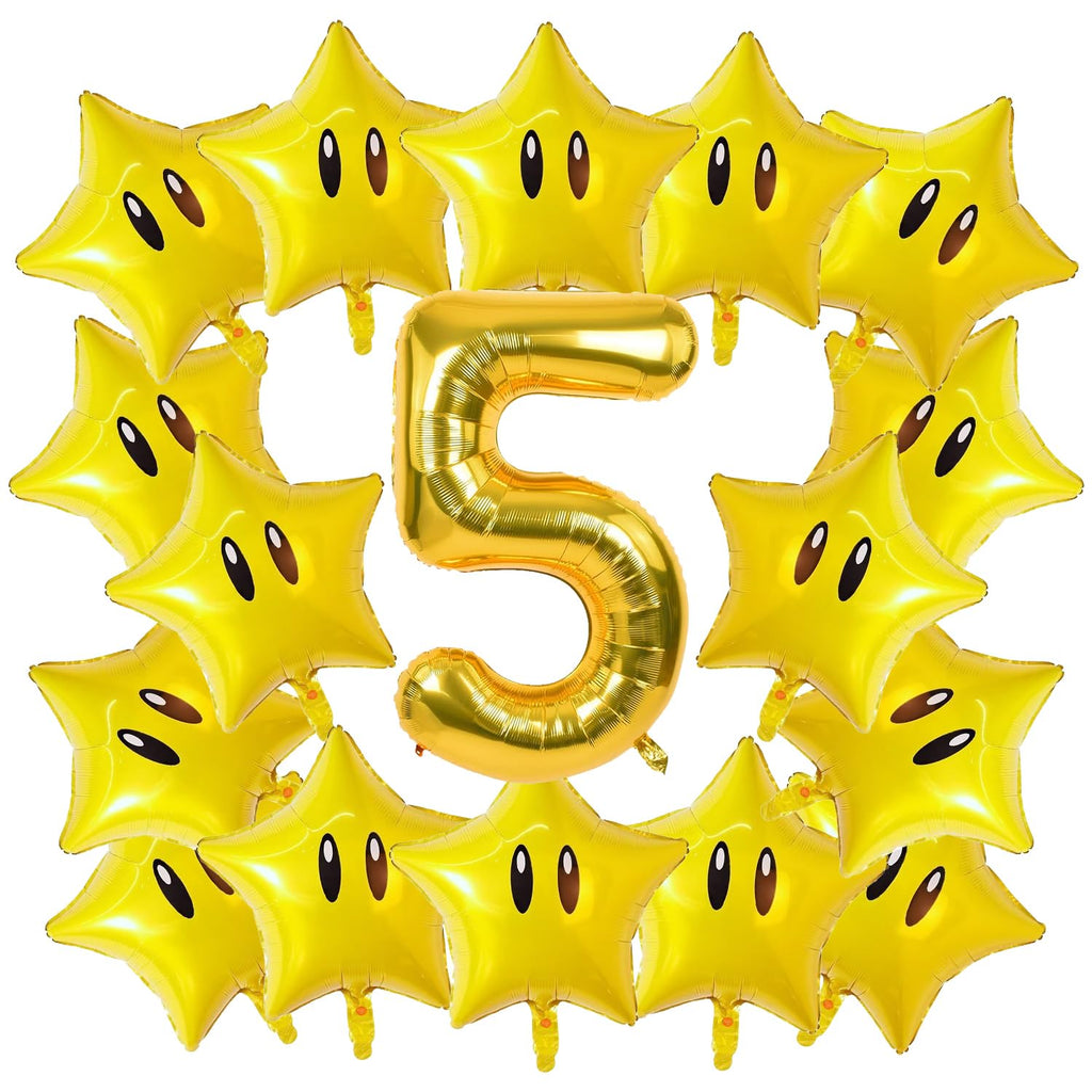16PCS Foil Star Balloons, 40Inch Number 5 and Star Foil Balloons For Game Theme 5th Birthday Party Decorations Children Party Supply Party Decor （5th）
