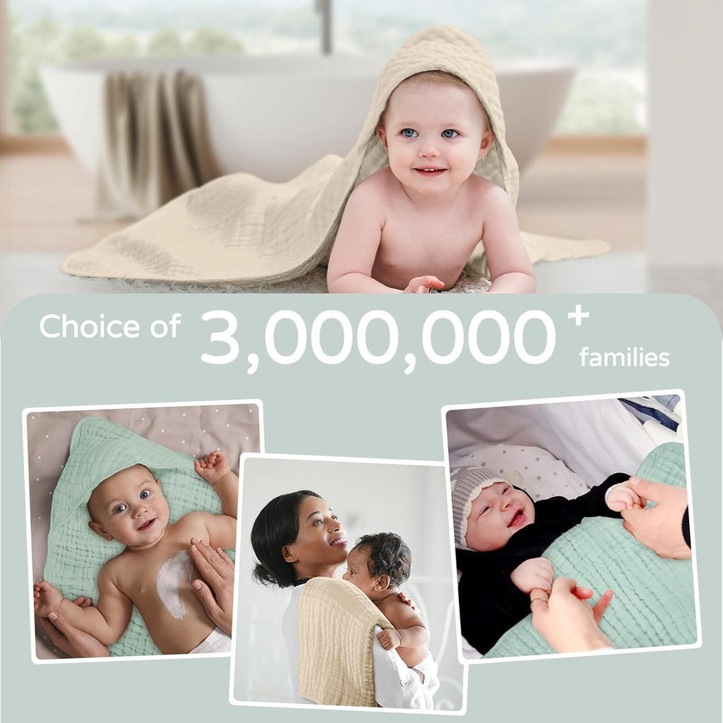 Yoofoss Hooded Baby Towels - 100% Muslin Organic Cotton Bath Towels for Newborns | 2-Pack, Soft & Absorbent, 32x32 Inch, Apricot & Green