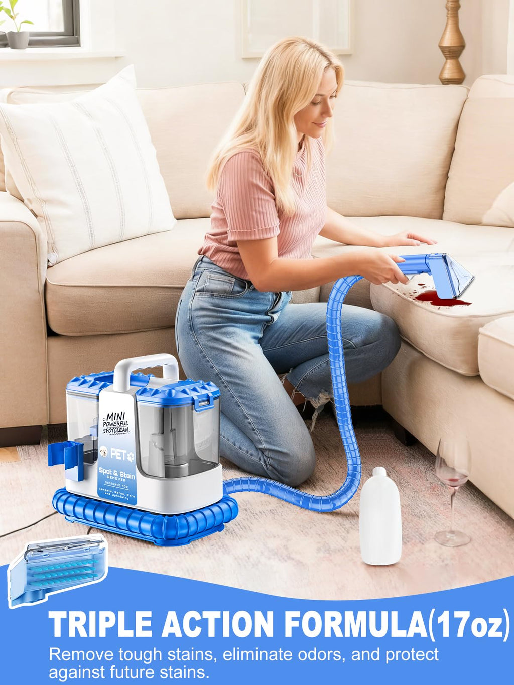 Portable Carpet & Upholestery Cleaner Machine for Pets, Spot, Stain, Couch Cleaner Machine with Powerful Suction and and Cleaning Solution, Car/Auto Detailer, Lightweight Compact Design
