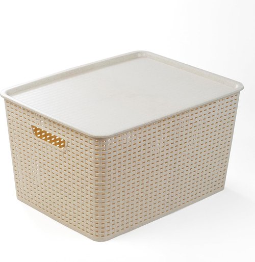 BINO Plastic Storage Baskets with Lids - 33 Liter | 3 Pack Natural | Woven Organizing Bins for Shelves