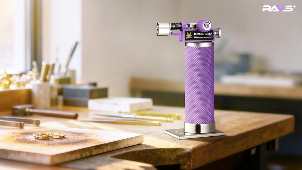 RAVS Butane Torch Lighter - Refillable Kitchen Torch with Adjustable Flame & Safety Buckle - Purple