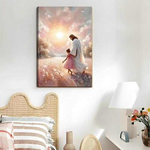 Jesus and Children Canvas Art Print - Soft Pink Sunset Wall Decor for Nursery & Living Room | 16x24 in