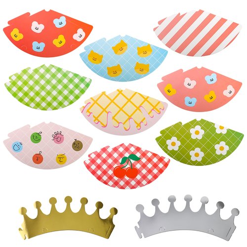 Inxens Mini Party Hats for Kids, 11 Piece Birthday Cone Hats for Stuffed Animals and Pets, 9 Paper Cones and 2 Crowns, DIY Assembly with Pom Poms, Cute Cherry Smiley Design