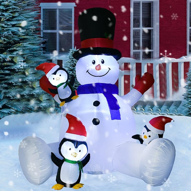 7 ft Lighted Christmas Inflatable Snowman with Three Penguins - Outdoor Holiday Yard Decor