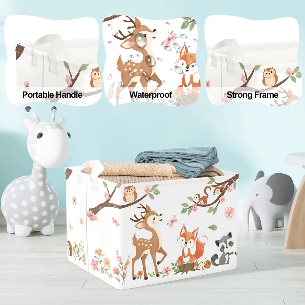 Clastyle Forest Animal Baby Storage Basket Leaf Kid Laundry Hamper Boy Girl Gift Toy Box Collapsible Clothes Organizer Nursery Bin for Bedroom, Pink Deer, 40x30x30 cm