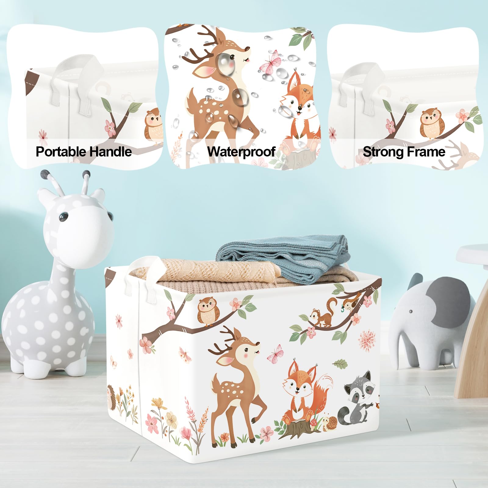 Clastyle Forest Animal Baby Storage Basket Leaf Kid Laundry Hamper Boy Girl Gift Toy Box Collapsible Clothes Organizer Nursery Bin for Bedroom, Pink Deer, 40x30x30 cm