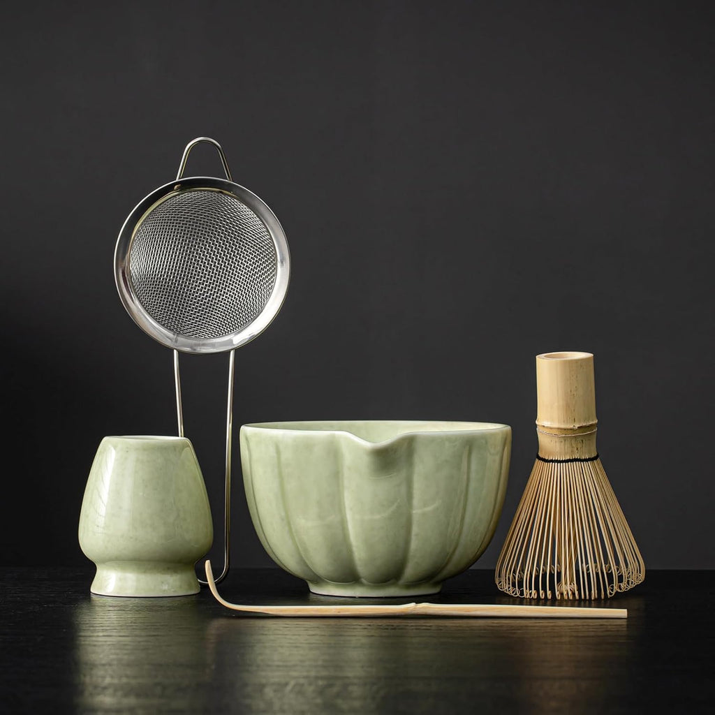 Skiennix Matcha Whisk Set - Complete 5-Piece Kit with Ceramic Bowl, Bamboo Whisk & Accessories | Mottled Green