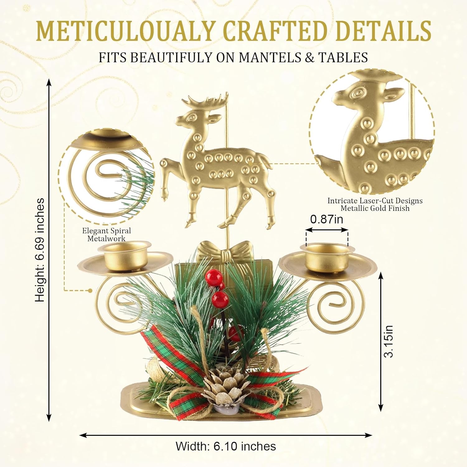 ABTOLS Reindeer Tealight Candle Holders - Festive Elk Design with Red Berry | Gold Candlestick for Christmas Decor