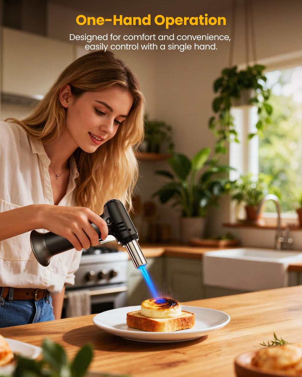 Kollea Butane Torch with Fuel Gauge T907, One-hand Operation Culinary Blow Torch Lighter with Safety Lock & Adjustable Flame for Cooking, Baking, Creme Brulee, Food Desserts (Butane Gas Not Included)