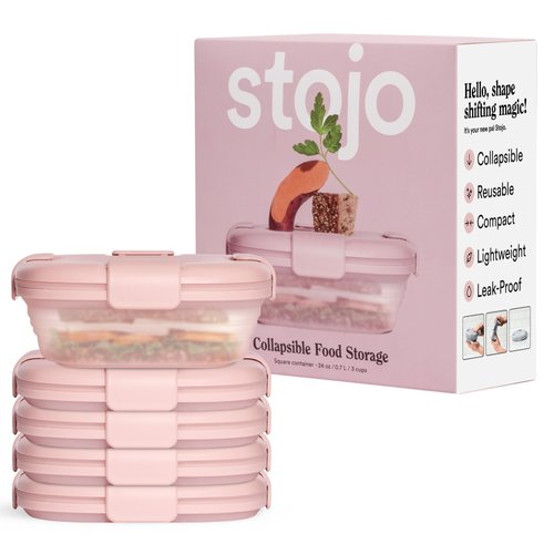 STOJO Collapsible Sandwich Box – 24oz, Reusable Food Storage Container, Silicone Bowl for Hot/Cold Food – Meal Prep, Lunch, Camping, Hiking – Dishwasher Safe (Translucent Carnation, Set of 5)