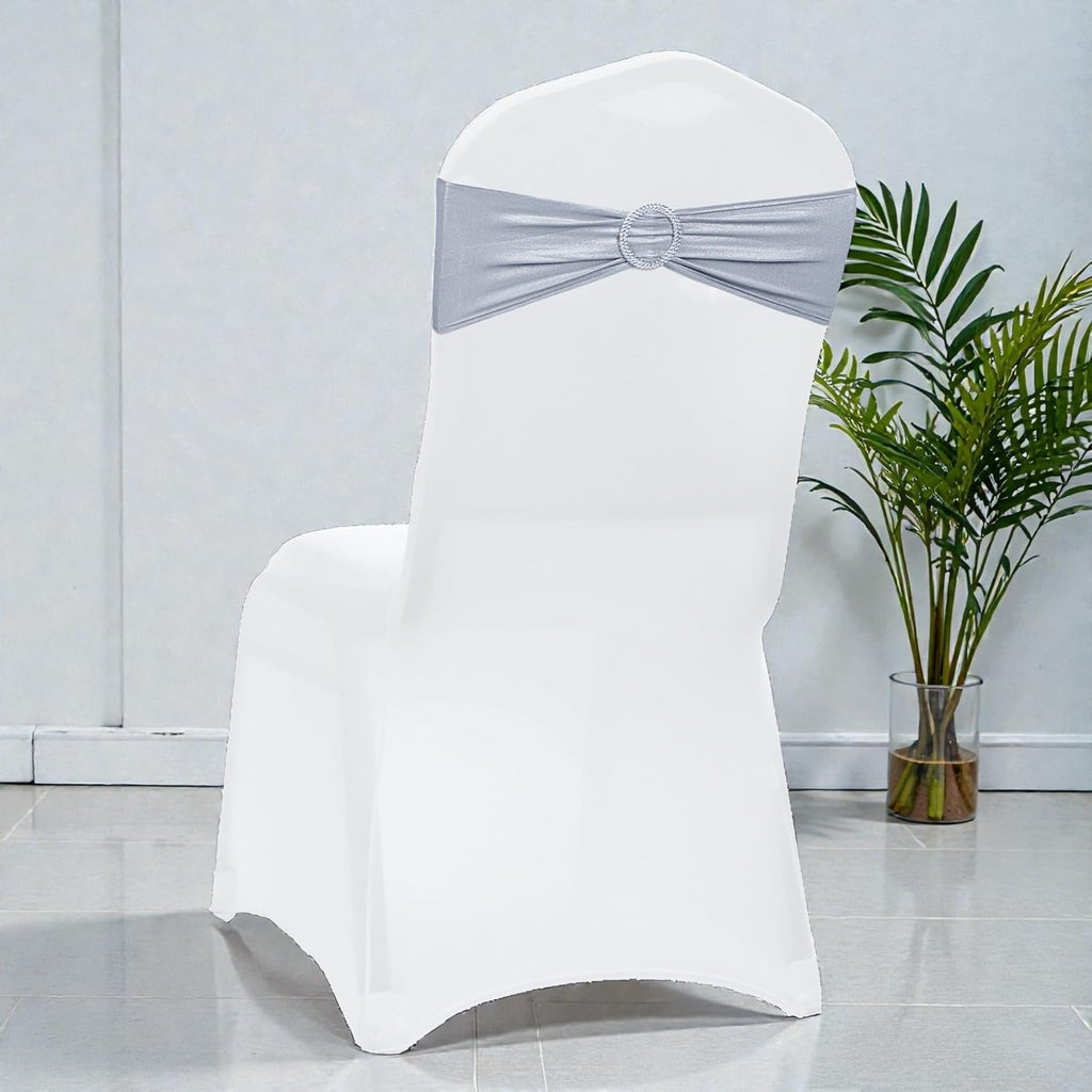 MDS Spandex Foil Chair Sashes - Universal Elastic Stretch Bands with Buckle for Weddings | Metallic Silver, Pack of 100