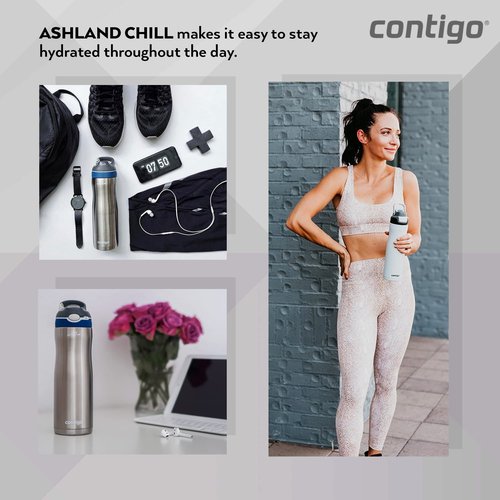 Contigo Ashland Chill Autospout Water Bottle with Flip Straw, Stainless Steel Thermal Drinking Bottle,Leakproof,Grey, BLue, 590 ml