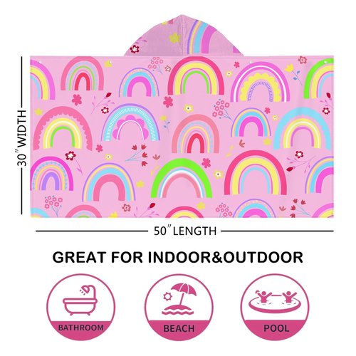 Bonsai Tree Rainbow Hooded Beach Towel for Kids Girls, Cute Unicorn Bath Towel with Hood, Pink Magic Rainbow Microfiber Super Absorbent Soft Poncho Bathrobe for Swin Pool 30”x50”