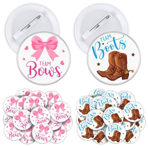 Landical 60 Pcs Boots or Bows Gender Reveal Pins, Funny Baby Shower Team Boots or Bows Gender Reveal Decorations for Party Supplies Blue and Pink Team Button Pins Games Decorations