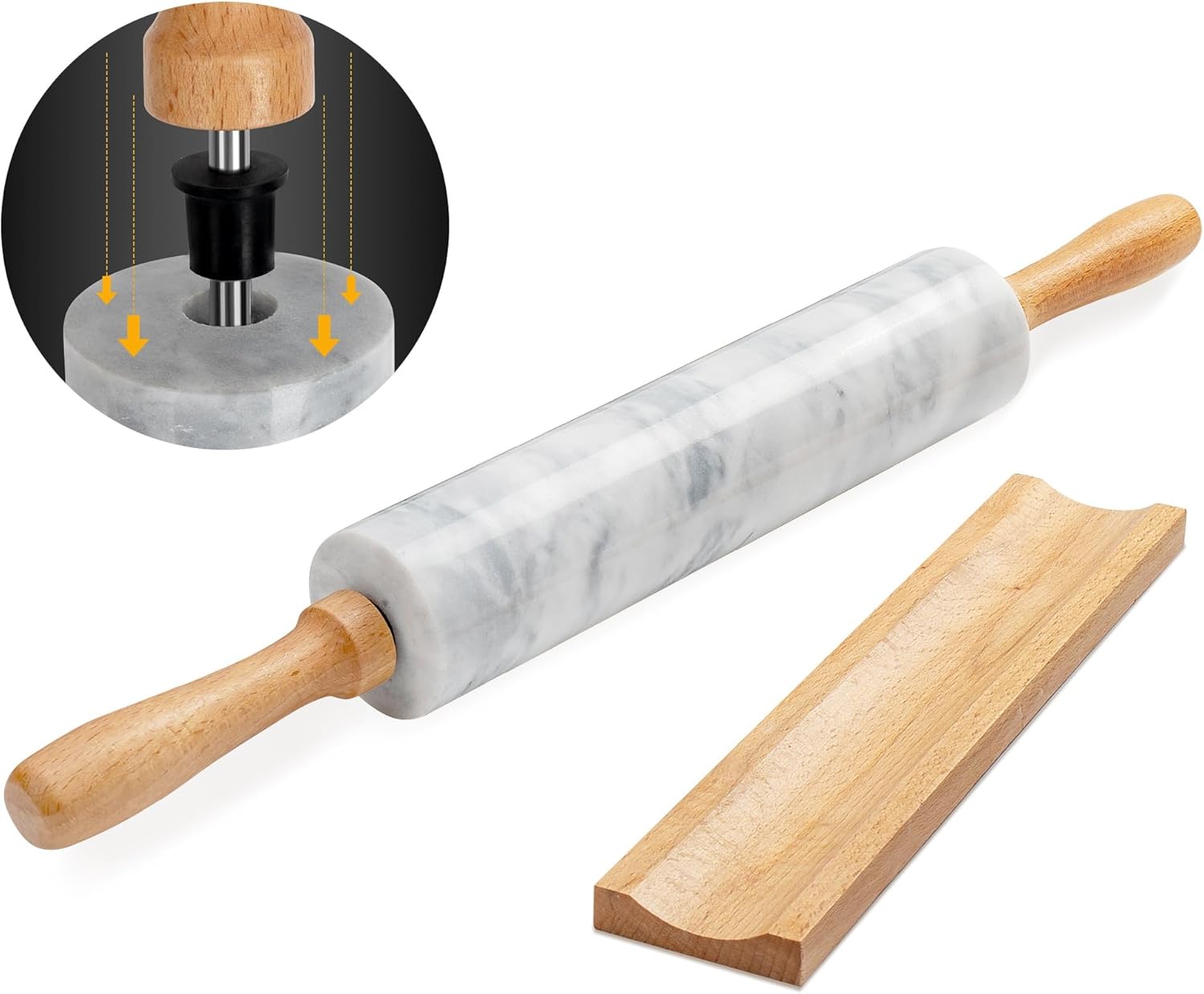 Skiennix Marble Rolling Pin - 16.7 Inches with Wooden Handles & Cradle | Ideal for Pizza Dough, Pasta, Cookies & More!