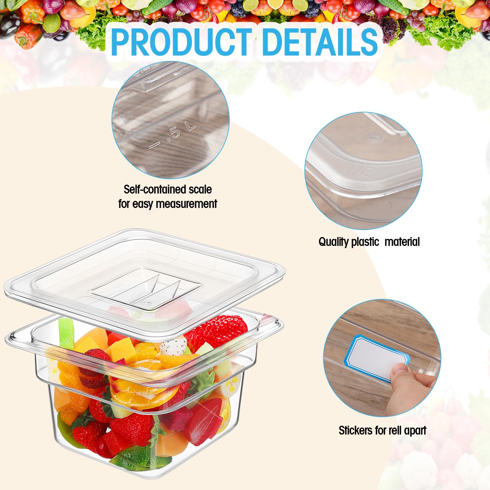 Suttmin 15 Pcs Plastic Clear Food Pan Set, 1/6 Size Clear Food Pan with Lid, Tongs, Spoons, Stickers Stackable Food Storage Container Restaurant Hotel Commercial Pan for Fruit Vegetable (4 Inch Deep)