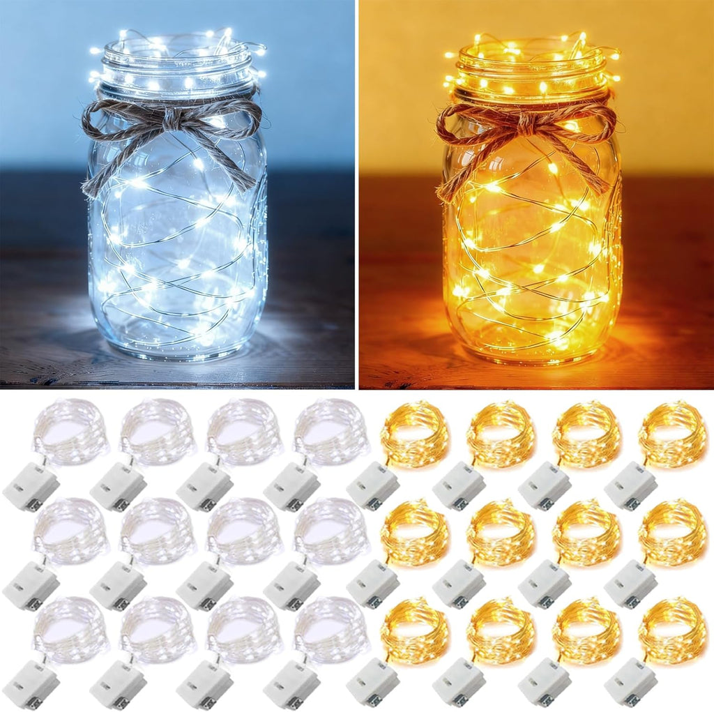 Skiennix 24 Pack Fairy Lights - Battery Operated 7ft Mini Twinkle String Lights | Waterproof Silver Wire for Weddings & Decor - Warm White & Cool White