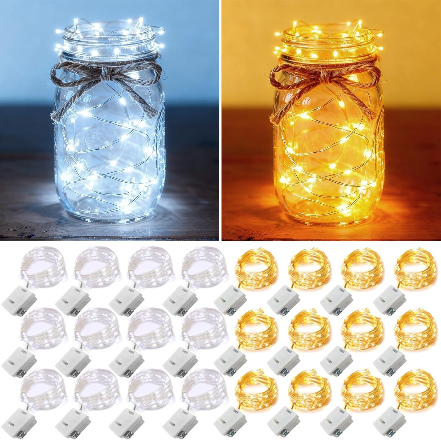 Skiennix 24 Pack Fairy Lights - Battery Operated 7ft Mini Twinkle String Lights | Waterproof Silver Wire for Weddings & Decor - Warm White & Cool White